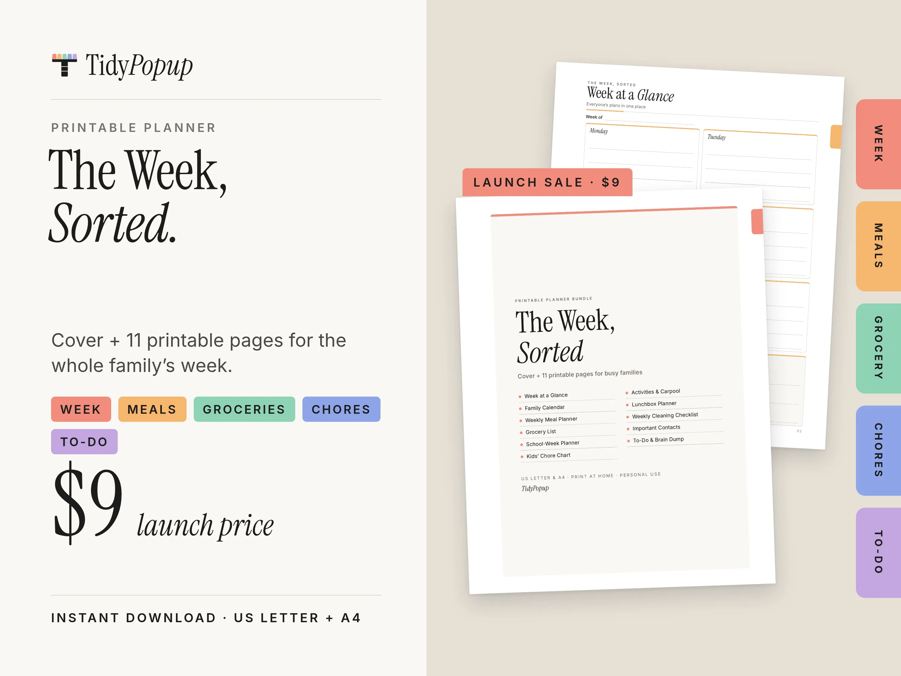 The Week, Sorted cover page in front of the Week at a Glance page, with a coral “Launch sale · $9” tab, rainbow tabs for Week, Meals, Grocery, Chores and To-do, and the note “Cover + 11 printable pages”