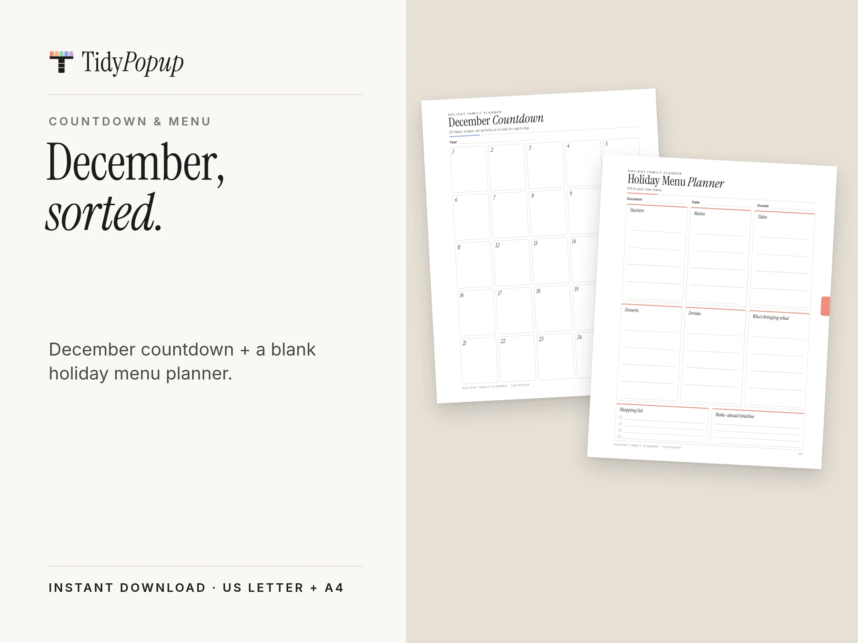 December Countdown and blank Holiday Menu Planner pages, captioned “December, sorted.”
